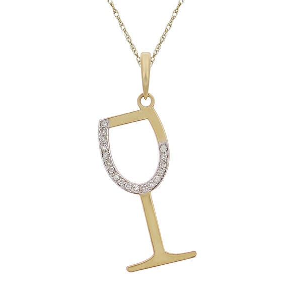 10k Yellow Gold Diamond Studded Wine Glass Pendant Necklace 18