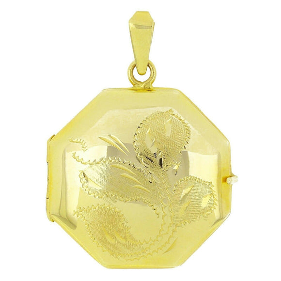 14k Yellow Gold Vintage Octagon Locket Charm Pendant with Flowers 1.5