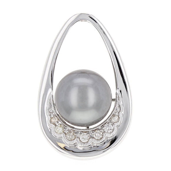 14k White Gold 11.50mm Black Cultured Tahitian Pearl & 0.15ctw Floating Pendant