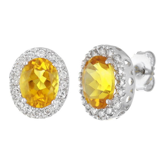 14k White Gold 0.60ctw Citrine & Diamond Oval Halo Cluster Earrings