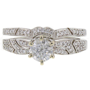 14k White Gold 0.88ctw Diamond Deco Inspired Matching Bridal Ring Set Size 7