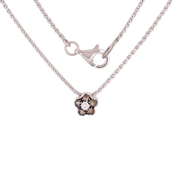 18k White Gold 0.20ctw Brown & White Diamond Flower Pendant Necklace 18