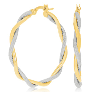 Italian 14k Yellow & White Gold Lattice Design Twisted Hollow Hoop Earrings 1.3"