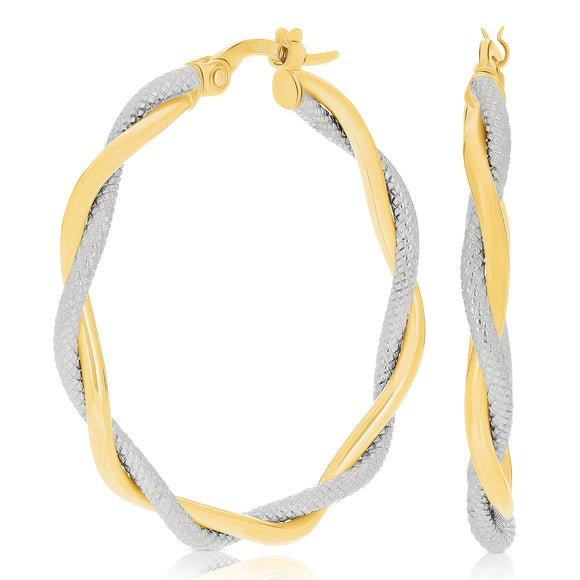 Italian 14k Yellow & White Gold Lattice Design Twisted Hollow Hoop Earrings 1.3