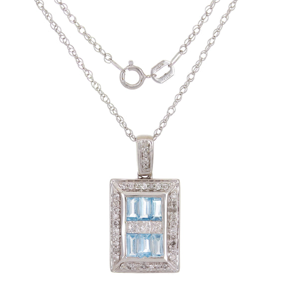 10k White Gold 0.50ctw Aquamarine & Diamond Deco Style Pendant Necklace 18