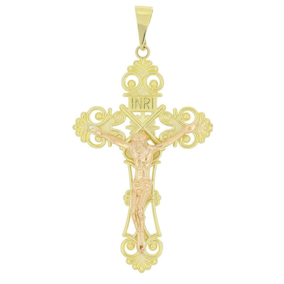 10k Two Tone Gold Jesus Christ INRI Filigree Crucifix CROSS Pendant 2.6