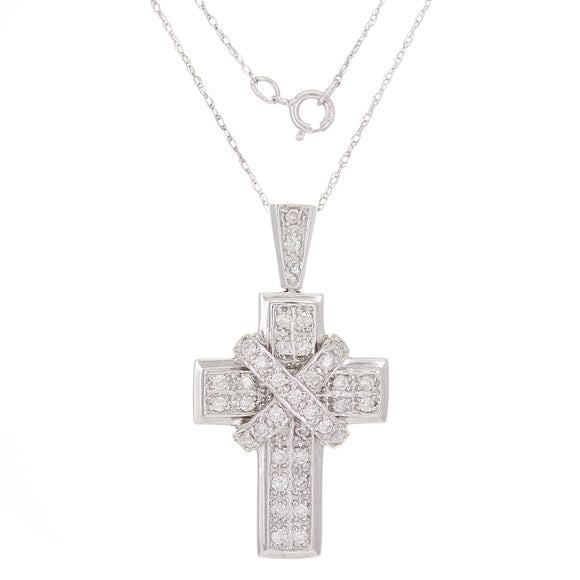 14k White Gold 0.42ctw Diamond X Design Cross Pendant Necklace 18