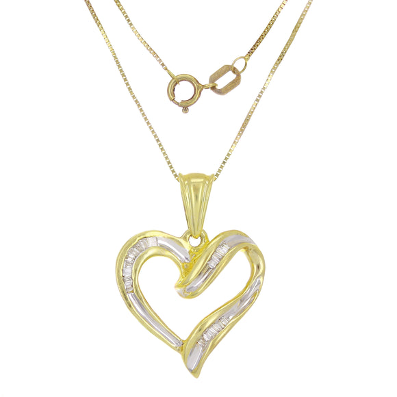 10k Yellow Gold 0.23ctw Baguette Diamond Ribbon Heart Pendant Necklace 18