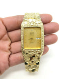 10k Yellow Gold Nugget Bracelet Link Wrist Watch Geneve with diamond 7.75" 55g