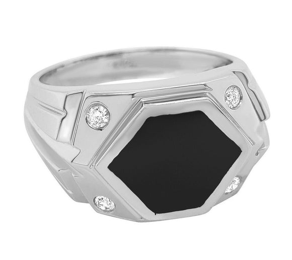 14k White Gold Solid Hexagon Black Onyx Ring with Round Diamonds Size 10.5