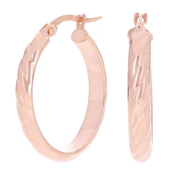 Italian 14k Rose Gold Rope Design Oval Hollow Hoop Earrings 1
