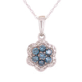 14k White Gold 0.25ctw Blue & White Diamond Flower Cluster Pendant Necklace 18"