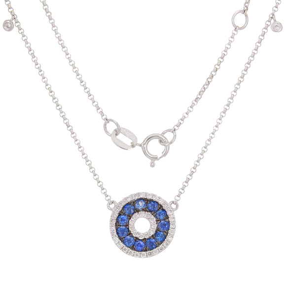 14k White Gold 0.25ctw Sapphire & Diamond Hololith Disc Pendant Necklace 18