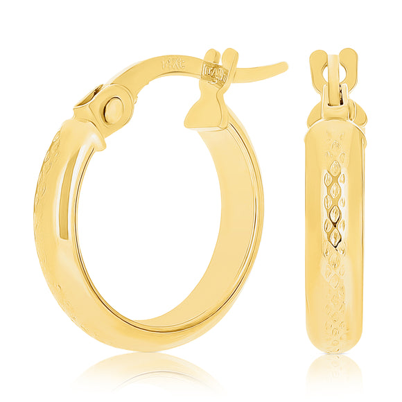 Italian 14k Yellow Gold Polished Waffle Snare Design Small Hollow Hoop Earrings