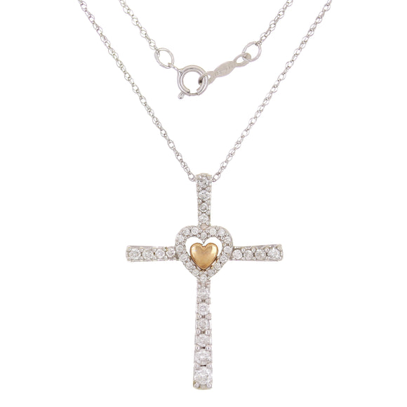 10k Two Tone Gold 0.40ctw Diamond God's Love Heart Cross Pendant Necklace 18