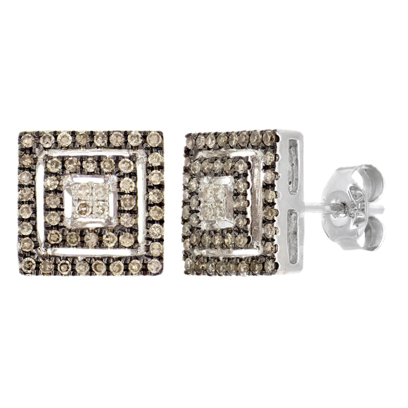 10k White Gold 0.43ctw Brown & White Diamond Pave Maze Square Stud Earrings