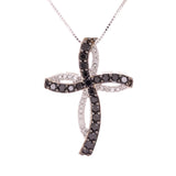 14k White Gold 0.75ctw Black & White Diamond Bow Tie Double Cross Necklace 18"