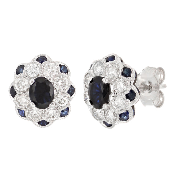 14k White Gold 0.80ctw Sapphire & Diamond Oval Flower Cluster Stud Earrings