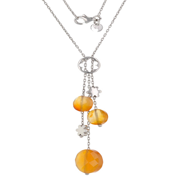 Italian 14k White Gold Faceted Orange Agate & Flower Fringe Necklace 18
