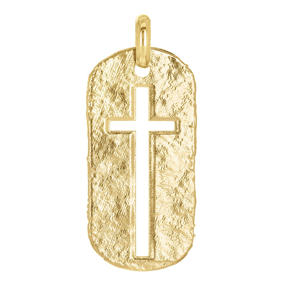 14k Yellow Gold Hammered Finish Oval Cut-Out Cross Charm Pendant 1.6