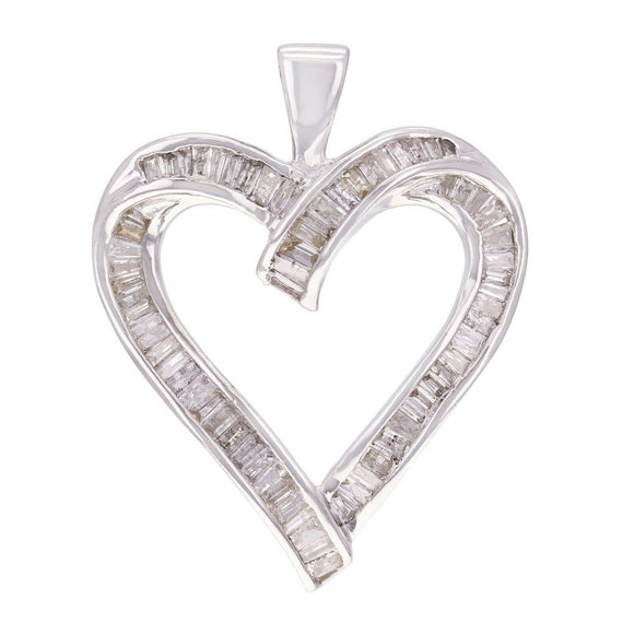 10k White Gold 1ctw Natural Baguette Diamonds Open Heart Charm Pendant
