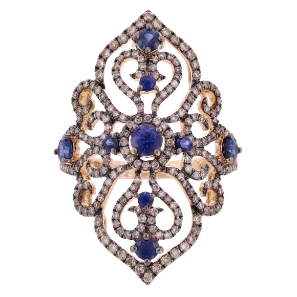 18k Rose & Black 1.60ctw Sapphire & Brown Diamond Vintage Style Filigree Ring