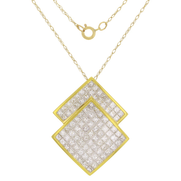 18k Yellow Gold 3.65ctw Princess Diamond Double Square Pendant Necklace 18