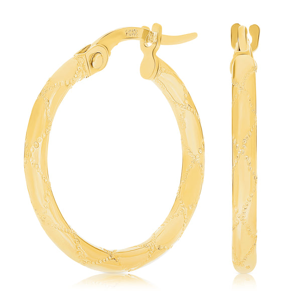 Italian 14k Yellow Gold Checkerboard Snare Design Small Hollow Hoop Earrings