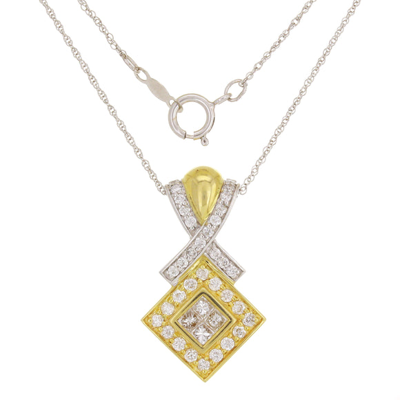 14k Two Tone Gold 0.75ctw Diamond Deco Style Geometric Pendant Necklace 18