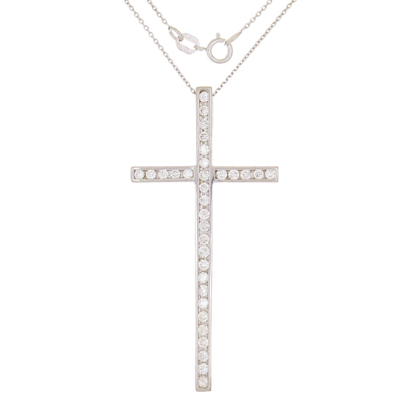 14k White Gold 0.95ctw Diamond Elongated Floating Cross Pendant Necklace 18