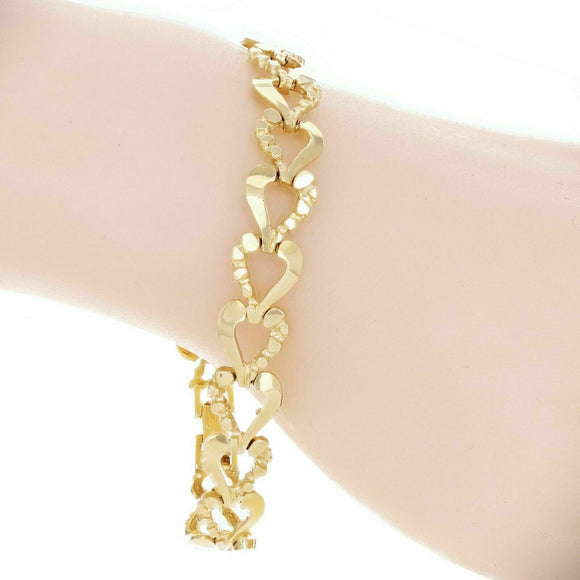 14k Yellow Gold Plain Nugget Heart Link Bracelet 8.5
