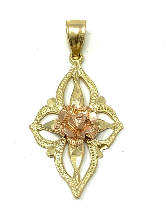 14k Two Tone Gold Flower Accent Charm Pendant 1.2