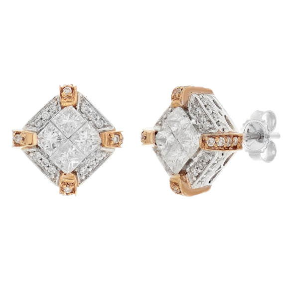 14k Two Tone Gold 1.50ctw Diamond Deco Style Square Stud Earrings