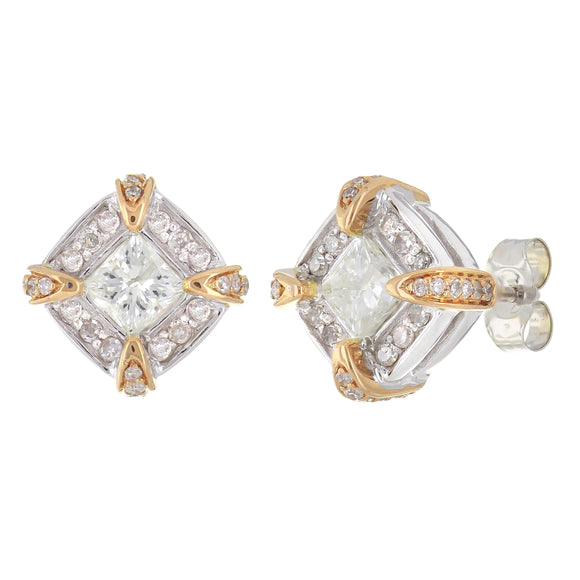 14k Two Tone Gold 1.01ctw Diamond Deco Style Square Stud Earrings