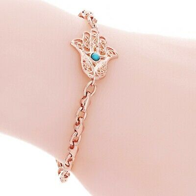 14k Rose Gold Hamsa Hand of Fatima Charm Bracelet with Turquoise 7
