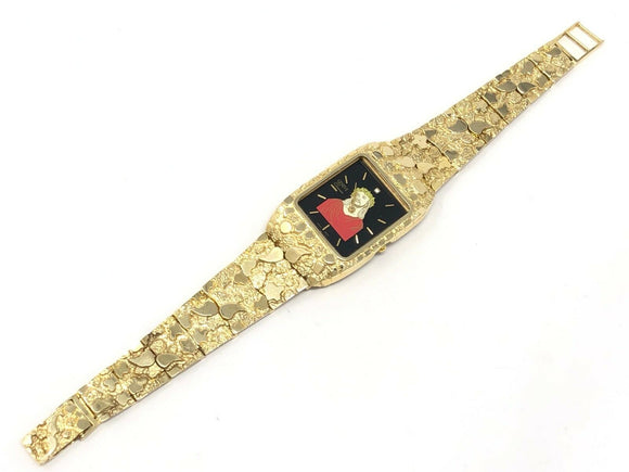 10k Yellow Gold Nugget Link Wrist Watch Bracelet Geneve Jesus Christ Watch 7.5