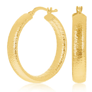 Italian 14k Yellow Gold Hollow Faceted Hoop Earrings 1.1" 5mm 3.8 grams