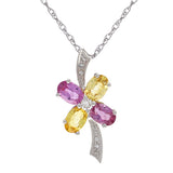 14k White Gold 0.15ctw Diamond Pink & Yellow Sapphire Flower Ribbon Necklace 18"