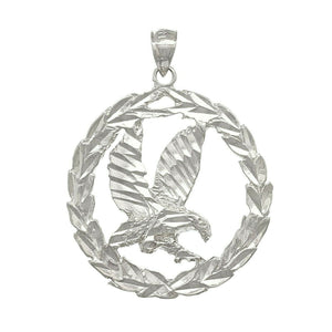 14k White Gold Solid Diamond Cut Flying Eagle in Wreath Charm Pendant 1.38" 4.5g