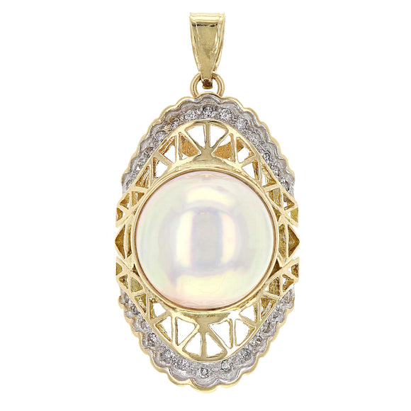 14k Yellow Gold 12.50mm Mabe Pearl & 1/4ctw Diamond Vintage Style Pendant