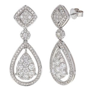 14k White Gold 3.45ctw Diamond Cluster Pear Drop Dangle Earrings