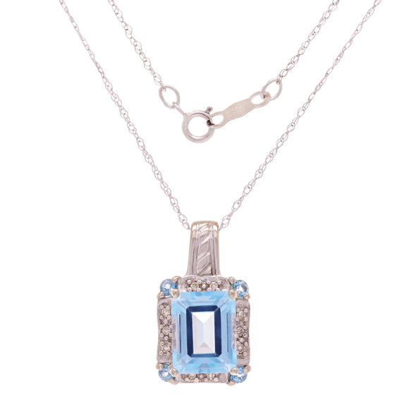 14k White Gold 0.05ctw Blue Topaz & Diamond Halo Vintage Style Pendant Necklace