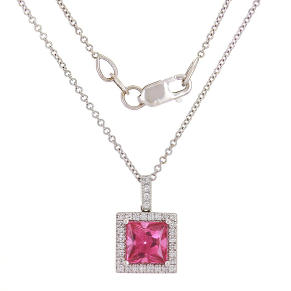18k White Gold Pink Tourmaline & Diamond Accent Square Halo Pendant Necklace 18
