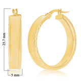 Italian 14k Yellow Gold Polished Diamond Cut Frame Wide Hollow Hoop Earrings 1"