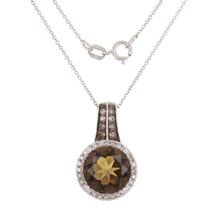 14k White Gold 0.35ctw Smoky Quartz, Brown & White Diamond Halo Pendant Necklace