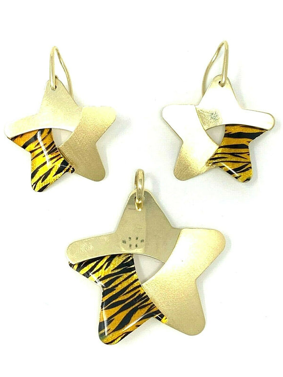 Italian 14k Yellow Gold Enamel Animal Print Star Earrings and Pendant Set 16g