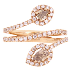 18k Rose Gold 1.81ctw Brown & White Diamond Pear Double Bypass Ring Size 7