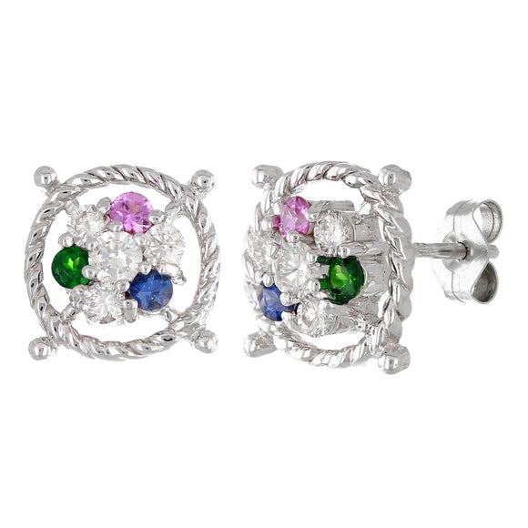 18k White Gold 0.50ctw Diamond Emerald & Sapphire Nautical Ship Wheel Earrings