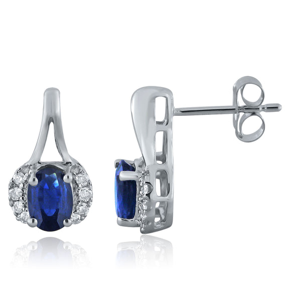 14k White Gold 0.15ctw Sapphire & Diamond  Oval Half-Halo Cluster Drop Earrings