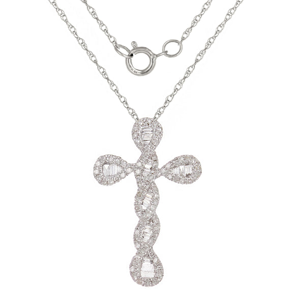 10k White Gold 0.50ctw Diamond Swirling Ribbon Elegance Cross Pendant Necklace